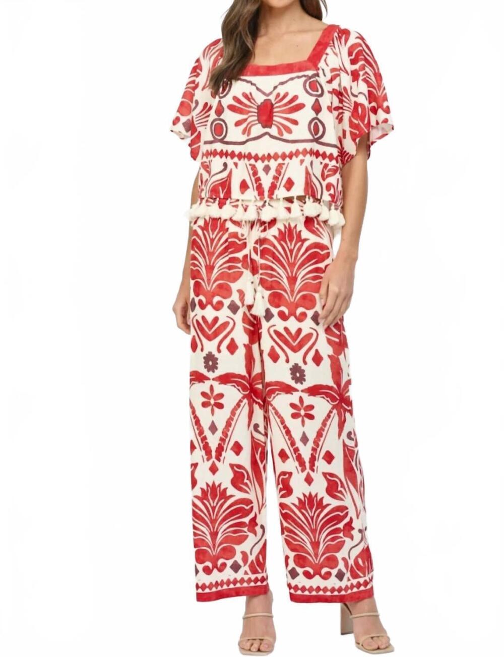 NEW FATE BY LFD tropical print drawstring waist wide leg pants in ivory red
